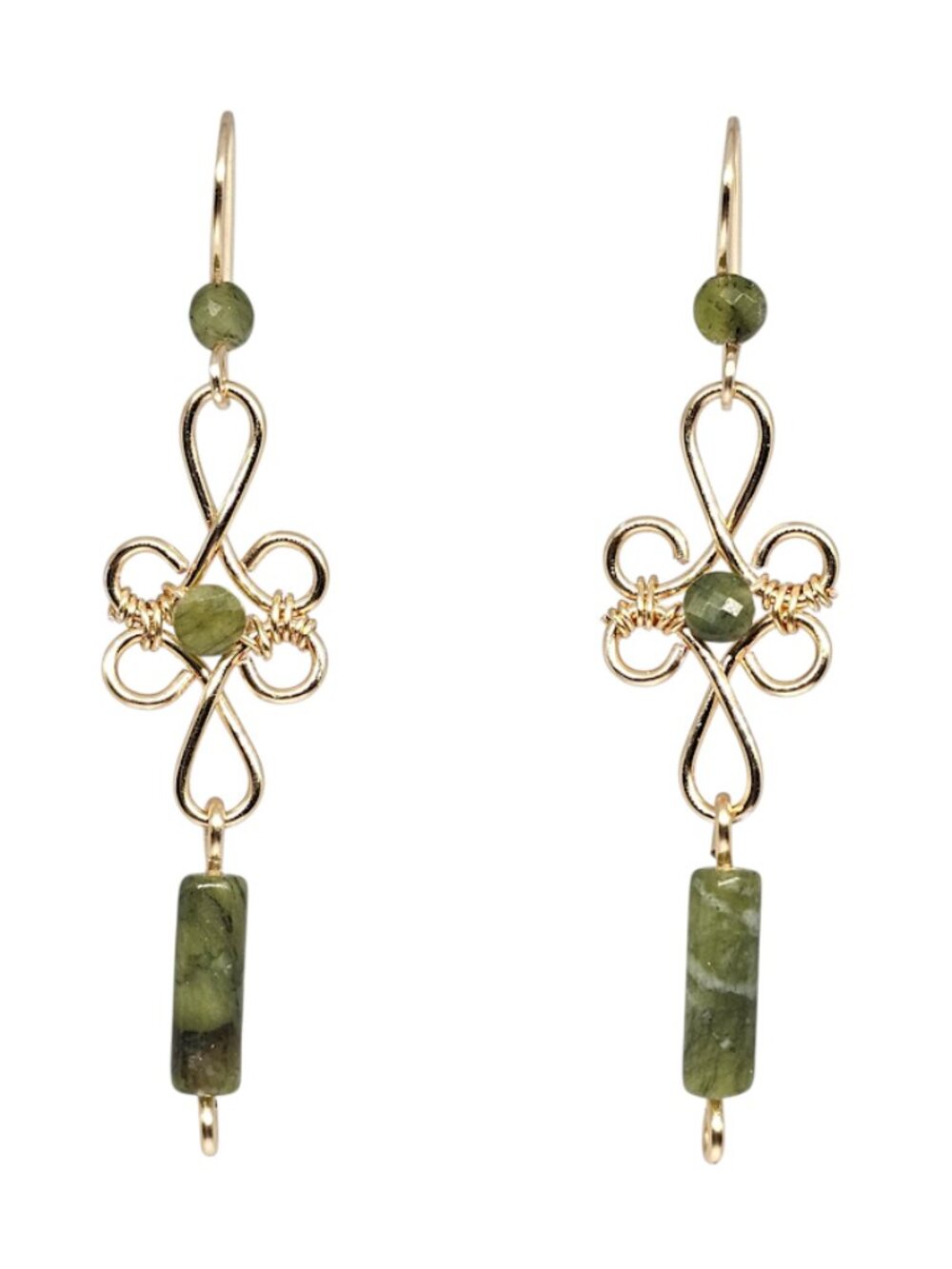 Handmade Green Jade Gemstone Beaded Gold Tone Celtic Dangle Boho Earrings
